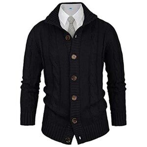 Mens Slim Fit Cable Knit Cardigan Stand Collar Button Down Sweater
